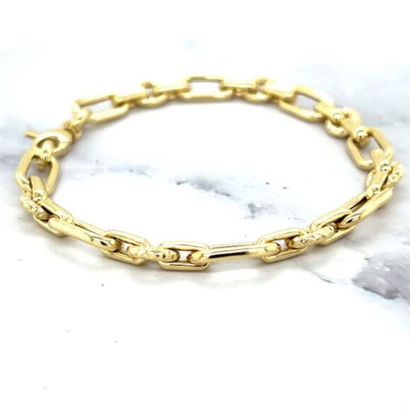 Women 14K Yellow Gold 7.5" Lobster Claw Hollow Oval Cable Link Elongate Bracelet - Picture 1 of 8